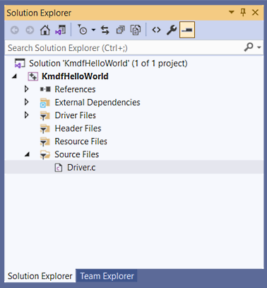 드라이버 프로젝트에 추가된 driver.c 파일을 표시하는 Visual Studio 솔루션 탐색기 창의 스크린샷.