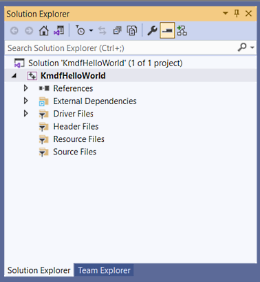 솔루션과 KmdfHelloWorld라는 빈 드라이버 프로젝트를 표시하는 Visual Studio 솔루션 탐색기 창의 스크린샷