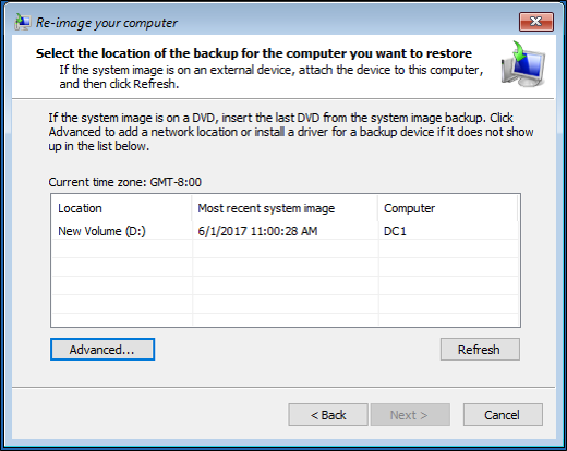 Screenshot that highlights the Advanced button in the Re-image your computer dialog box.