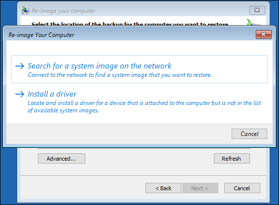 Screenshot that highlights the Search for a system image on the network option.