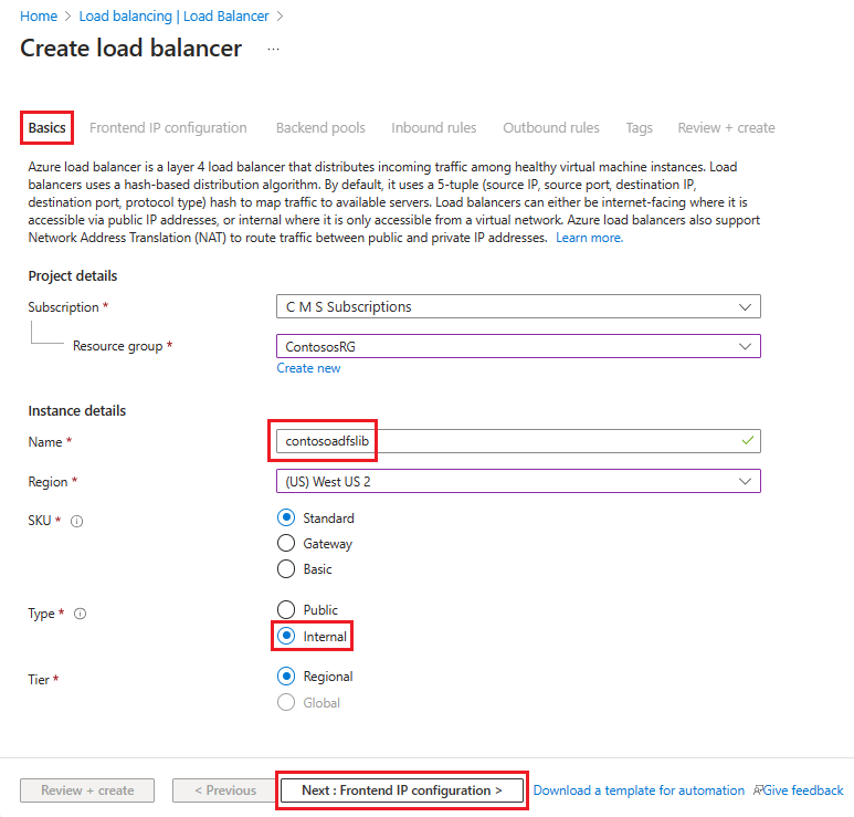 Screenshot showing the Basics tab for how to create a load balancer.