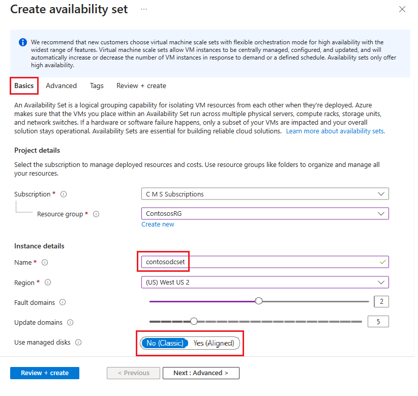 Screenshot showing how to create availability sets.