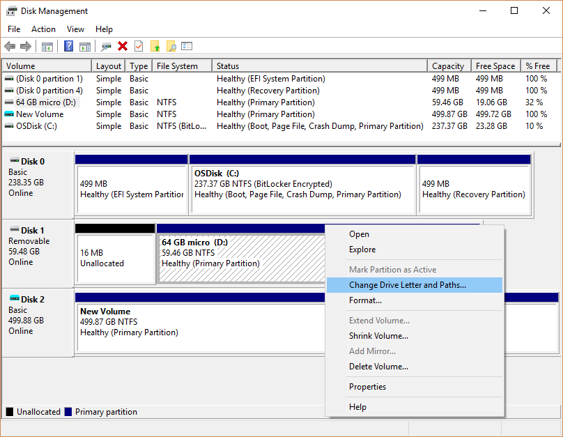Disk Management showing a drive