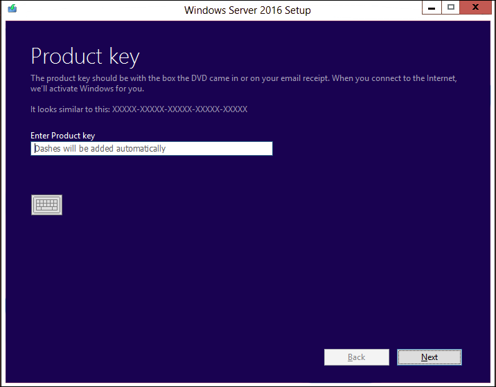 Screen where you can enter your product key