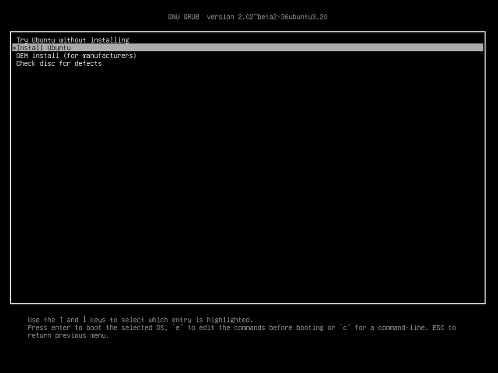 Ubuntu 설치가 선택된 GNU GRUB 화면의 스크린샷