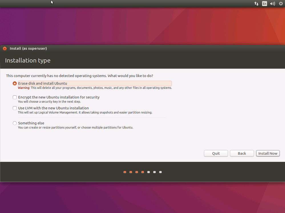 디스크 지우기 및 Ubuntu 설치 옵션이 선택된 Ubuntu 설치 설치 유형 페이지의 스크린샷