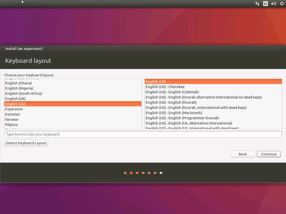 Ubuntu 설치의 키보드 레이아웃 페이지 스크린샷