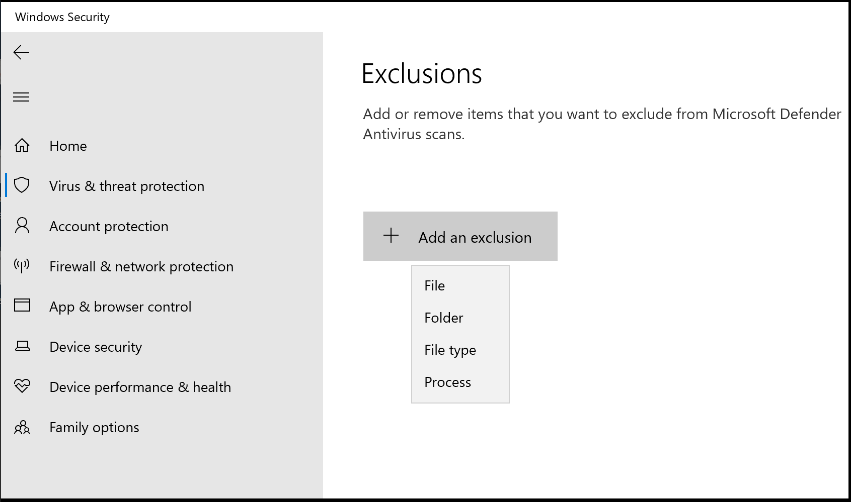 Microsoft Defender Add Exclusion screenshot