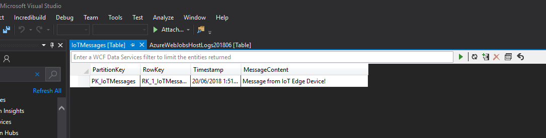 Microsoft Visual Studio에서 열린 I O T 메시지 테이블 탭을 보여 주는 스크린샷
