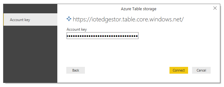 Azure Table Storage 계정 키 페이지를 보여 주는 스크린샷
