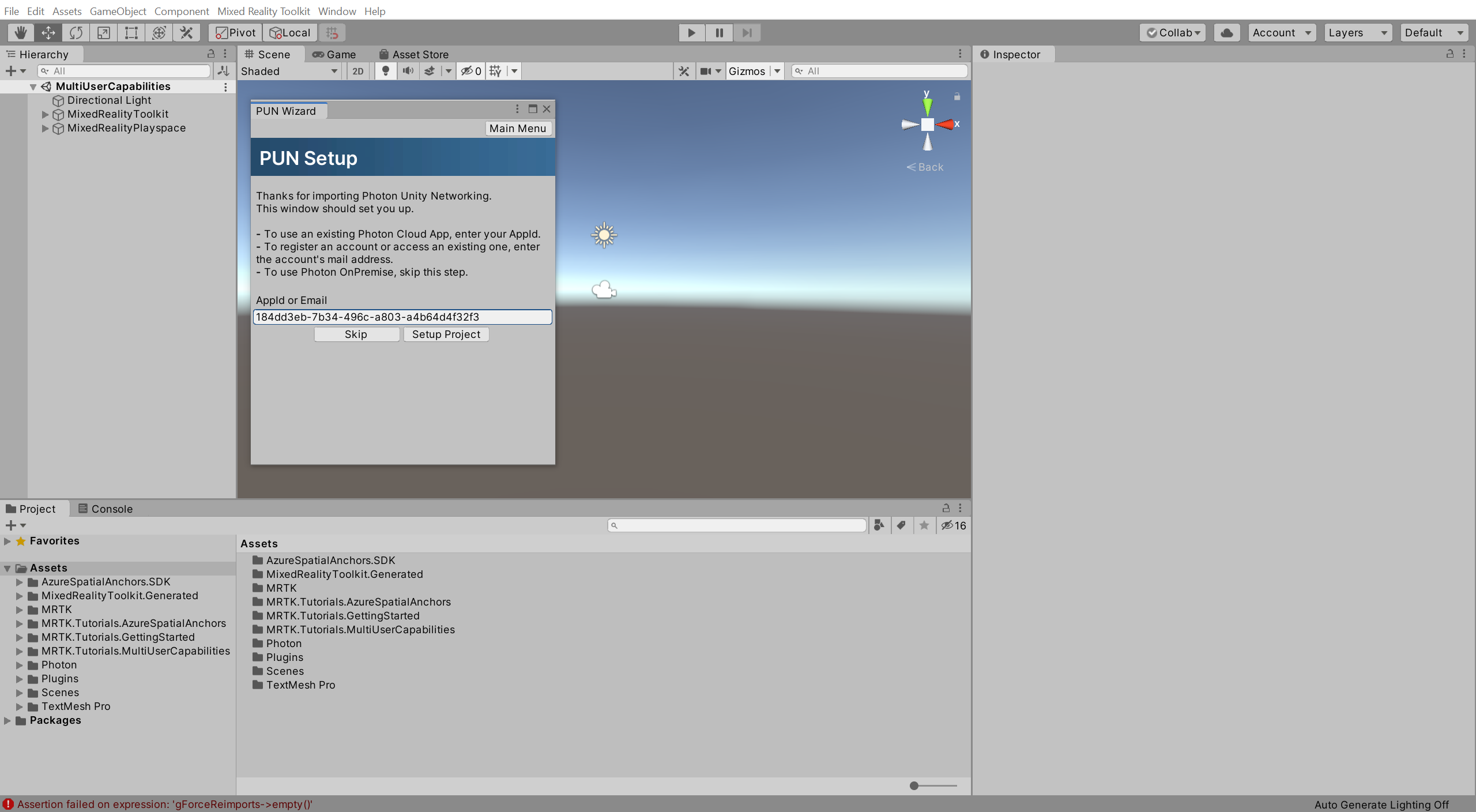 Unity PUN Setup window with AppId filled in