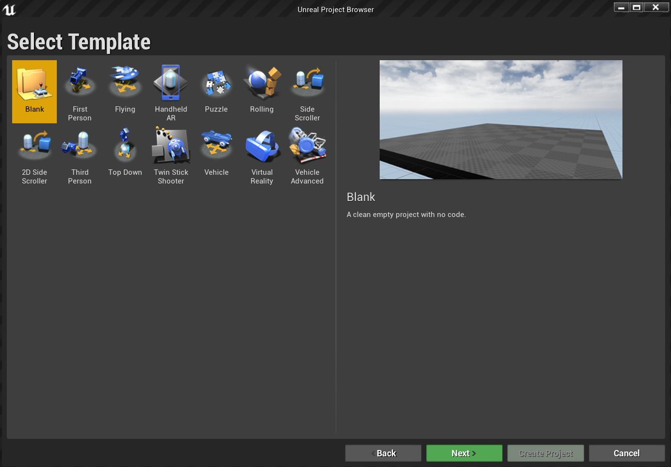 Blank(빈) 템플릿이 강조 표시된 Unreal 프로젝트 브라우저 창