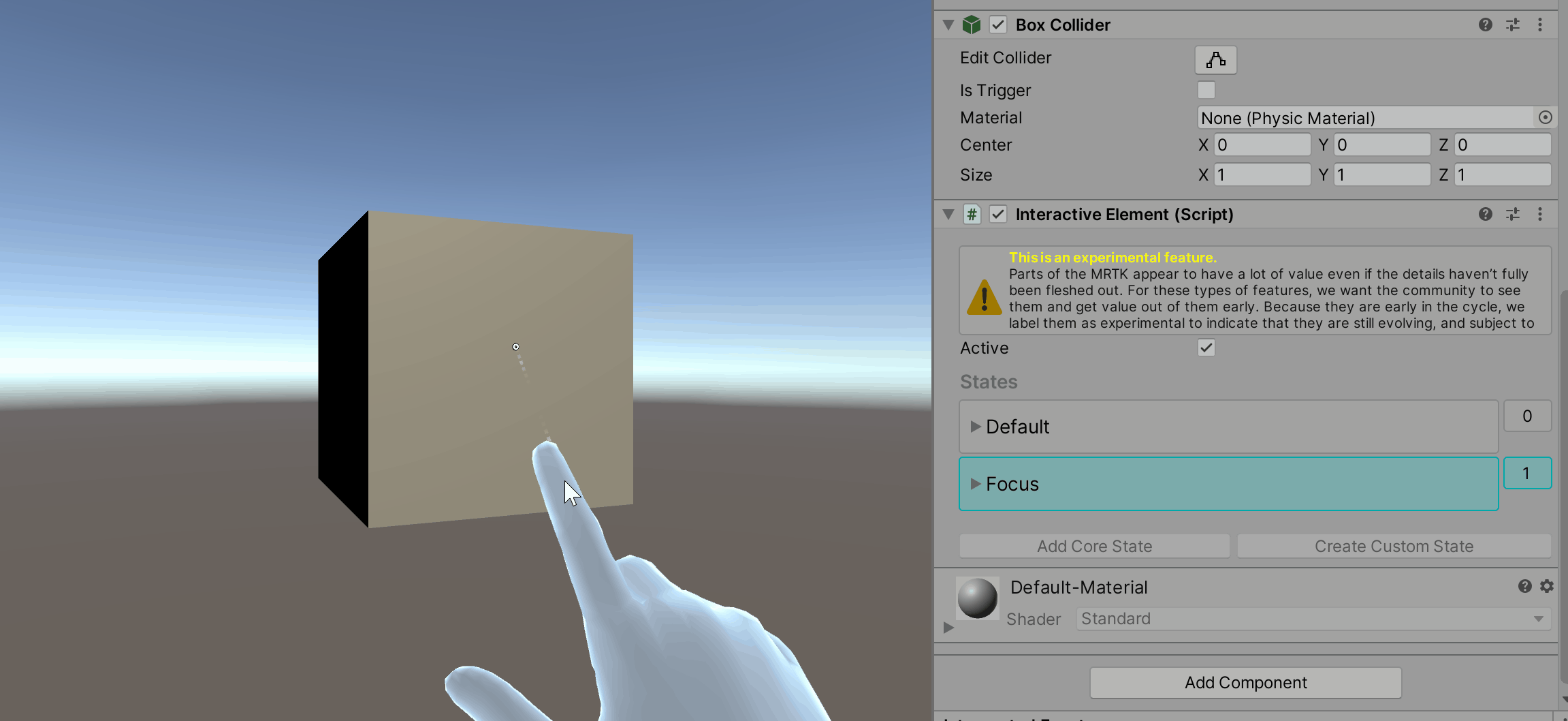 Focus state with virtual hand interaction