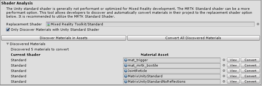 MRTK Optimize Window Settings shader analysis