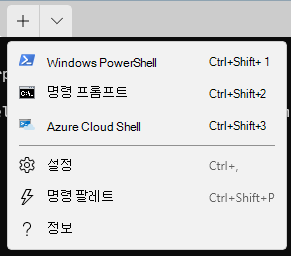 Windows 11에서 Windows 터미널 앱을 열어 Windows PowerShell, 명령 프롬프트 또는 Azure Cloud Shell을 사용하여 명령을 실행합니다.