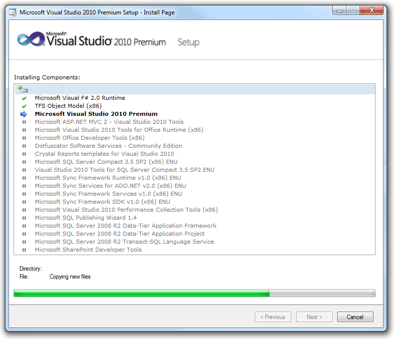 Visual Studio 설치의 스크린샷, 전체 목록 