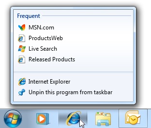 Internet Explorer 점프 목록이 있는 작업 표시줄의 스크린샷 