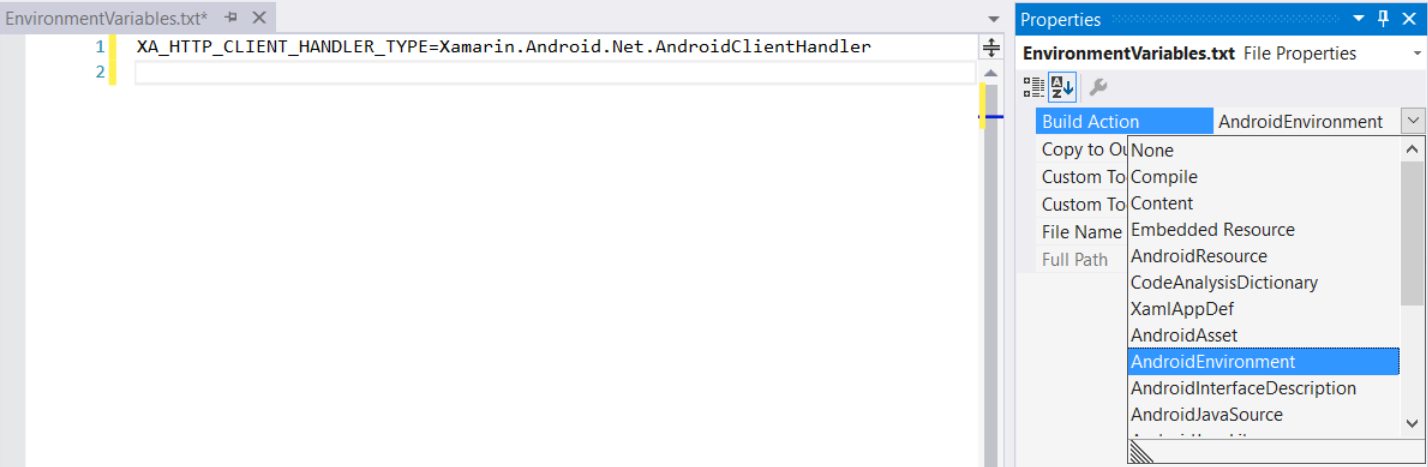 Screenshot of the AndroidEnvironment build action in Visual Studio.
