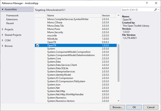 Visual Studio Reference Manager with OpenTK version 1.0.0.0 selected
