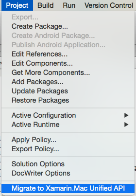 Choose Migrate to Xamarin.Mac Unified API from the Project menu