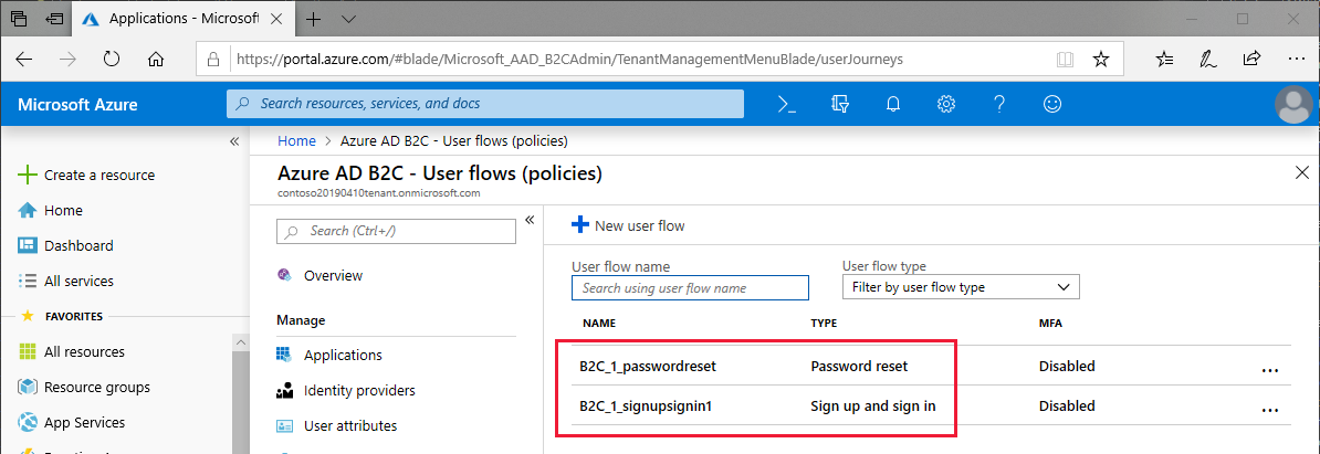 Two configured policies in the Azure User flows (policies) view