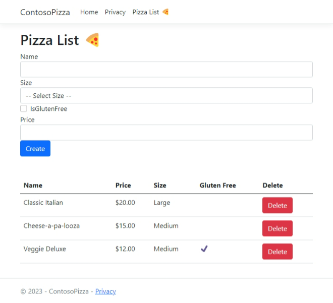 Screenshot of the PizzaList page with the new pizza form.