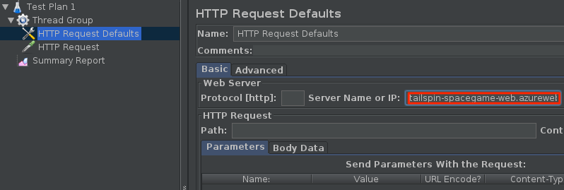 Screenshot that shows specifying the HTTP request in Apache JMeter.