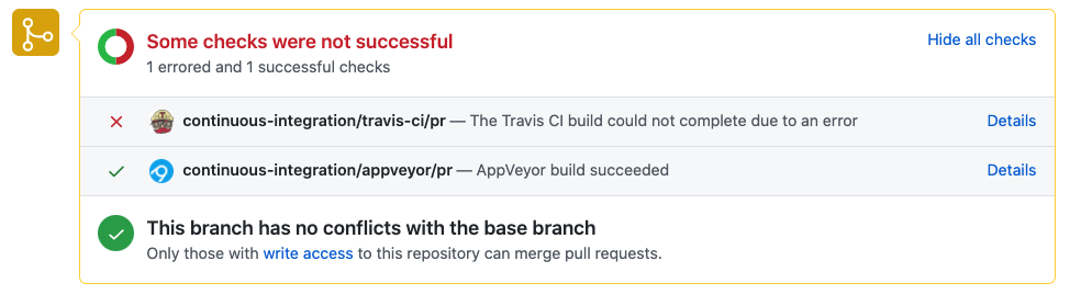 Screenshot showing status checks results on a pull request.