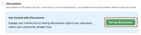 A screenshot of the Discussions box with the green Setup discussion button highlighted.