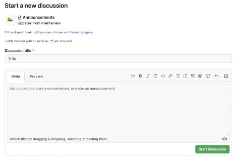 A screenshot of starting a new discussion page with the Discussion title box and content box empty.