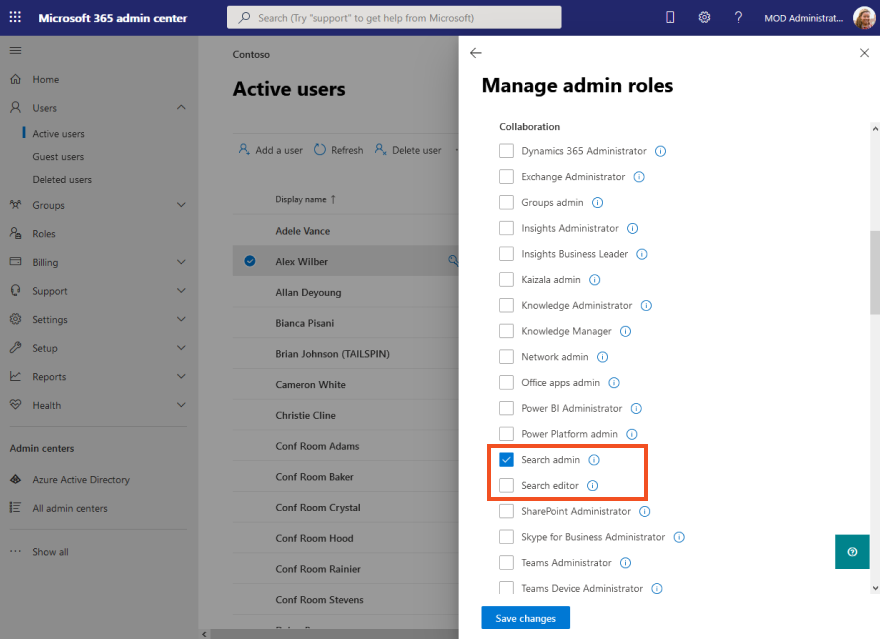 Image showing Search admin and Search editor roles in Manage admin roles pane.