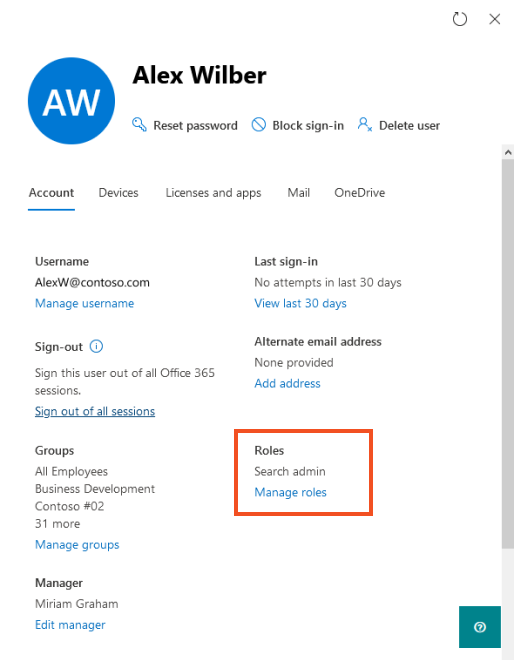 Image showing Manage roles link in user details pane.