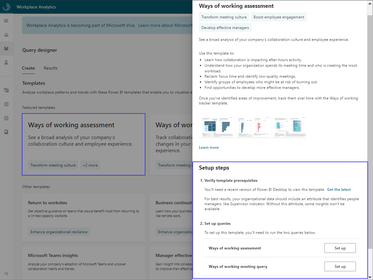 Ways of working assessment template setup.