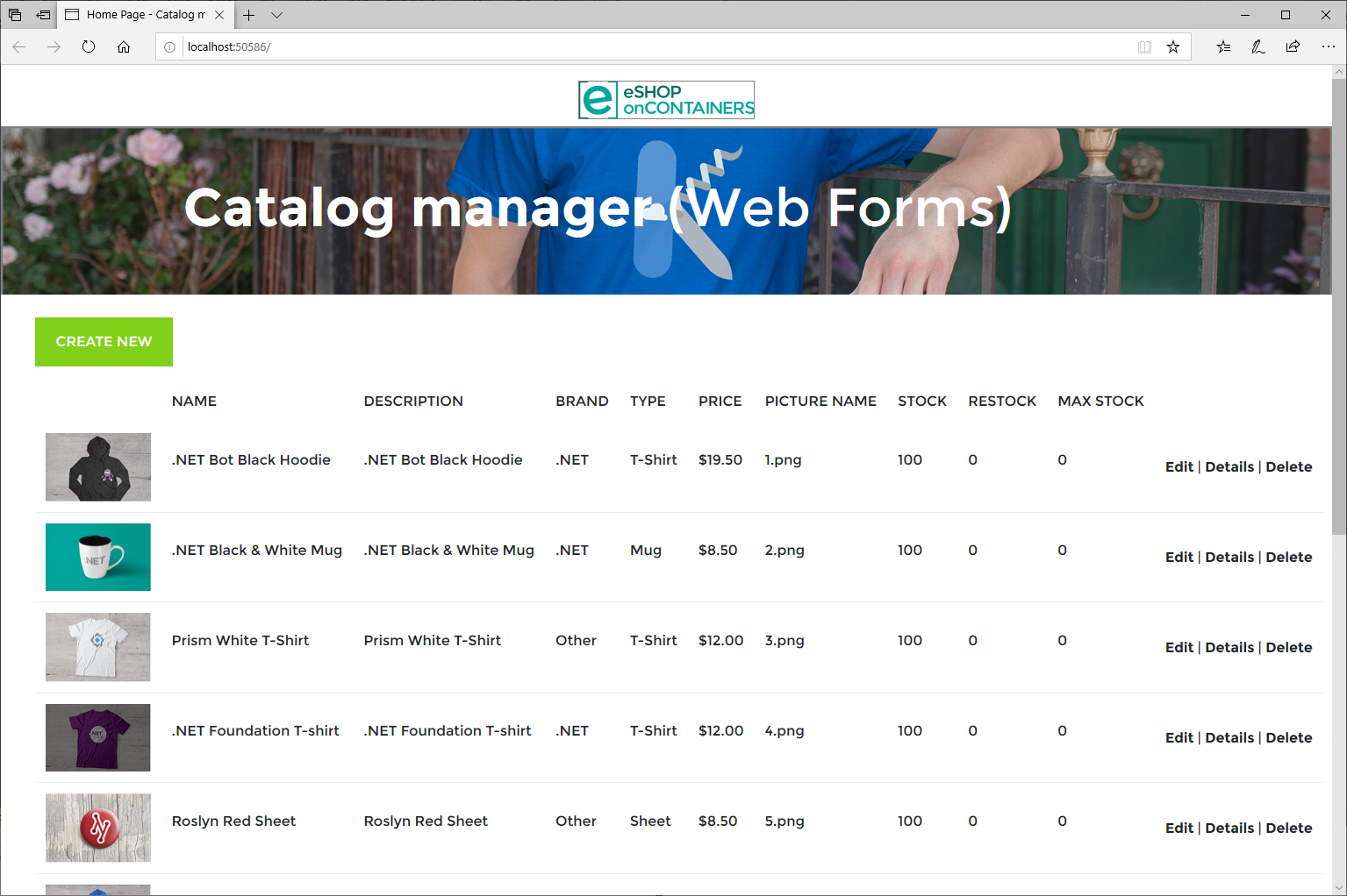 Screenshot of the Catalog Manager page for the sample application in a web browser window.