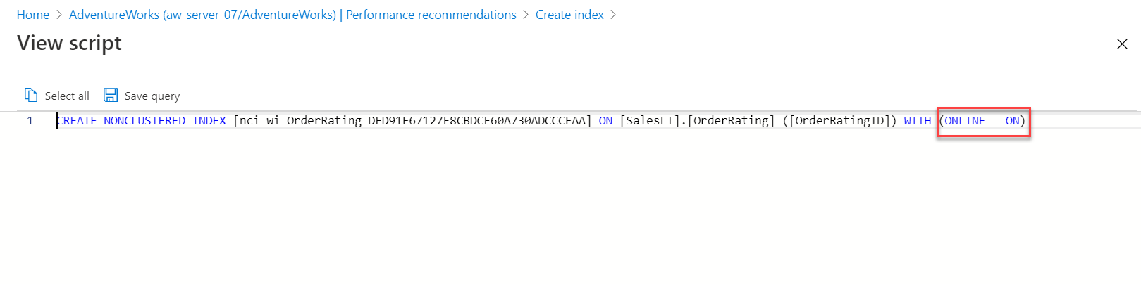 Screenshot of the index recommendation script.