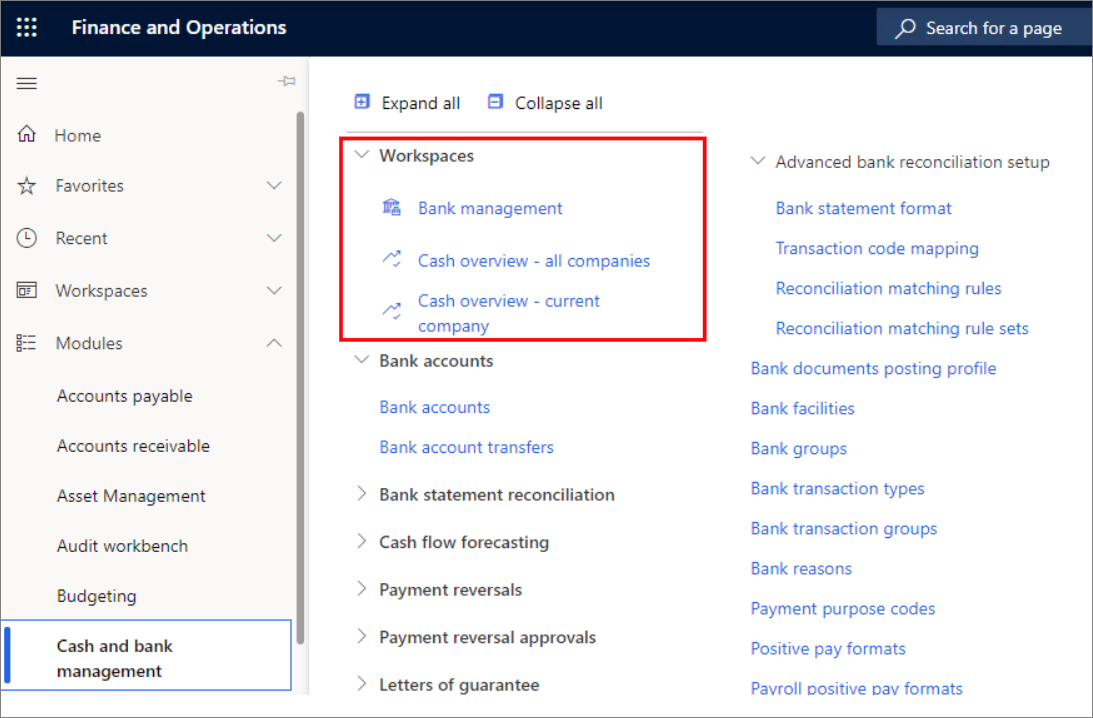 Screenshot of the Cash and bank management module highlighting Workspaces.
