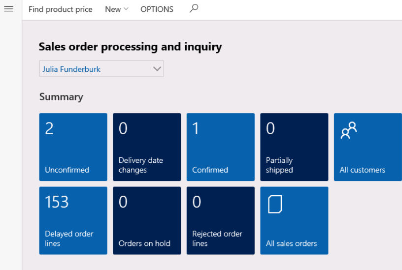 Sales order processing and inquiry dashboard showing several tiles