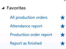Favorites menu with: All production orders, Attendance report, Production order report, and Report as finished.