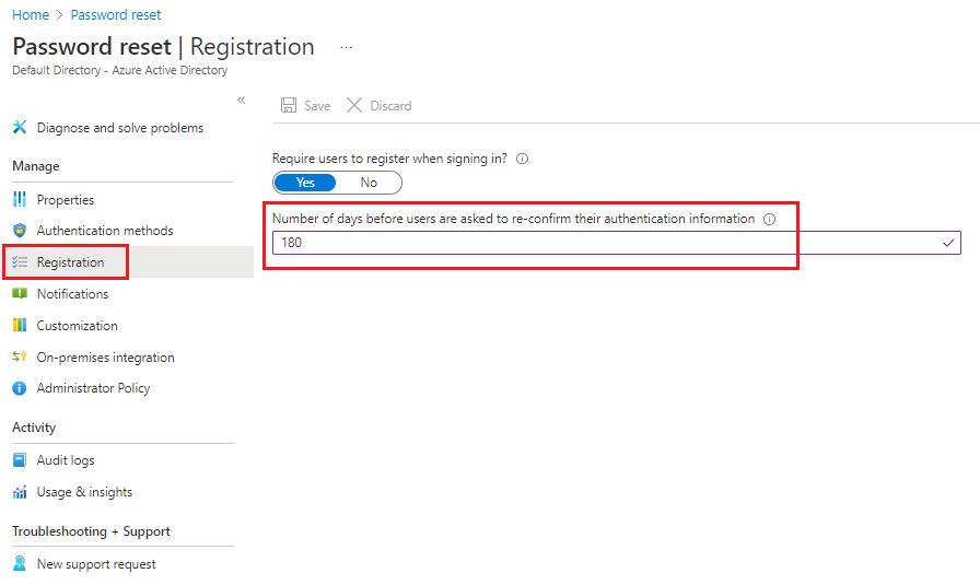 Screenshot of the Azure portal that shows the form for number of days to reconfirm authentication information.