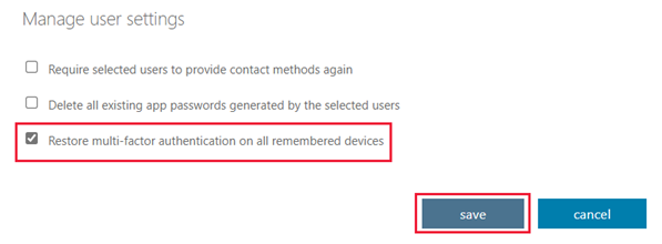 Screenshot that shows the Restore multifactor authentication on all remembered devices option selected.