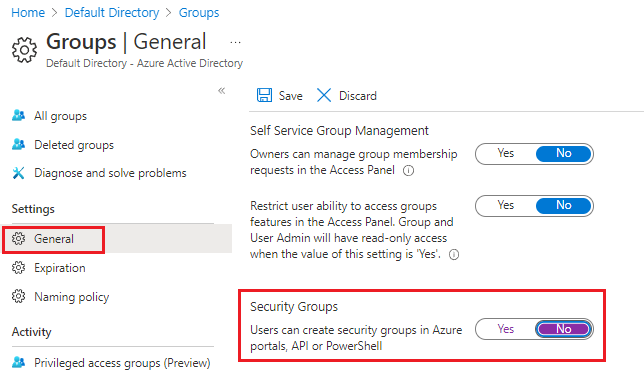 Screenshot that shows the Groups General settings pane, with the Users can create security groups option set to No.