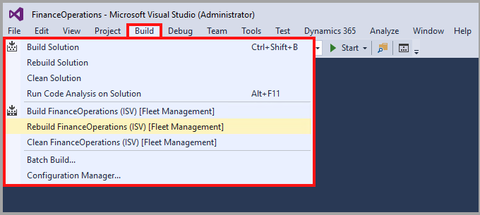 Screenshot of the Visual Studio Build menu.