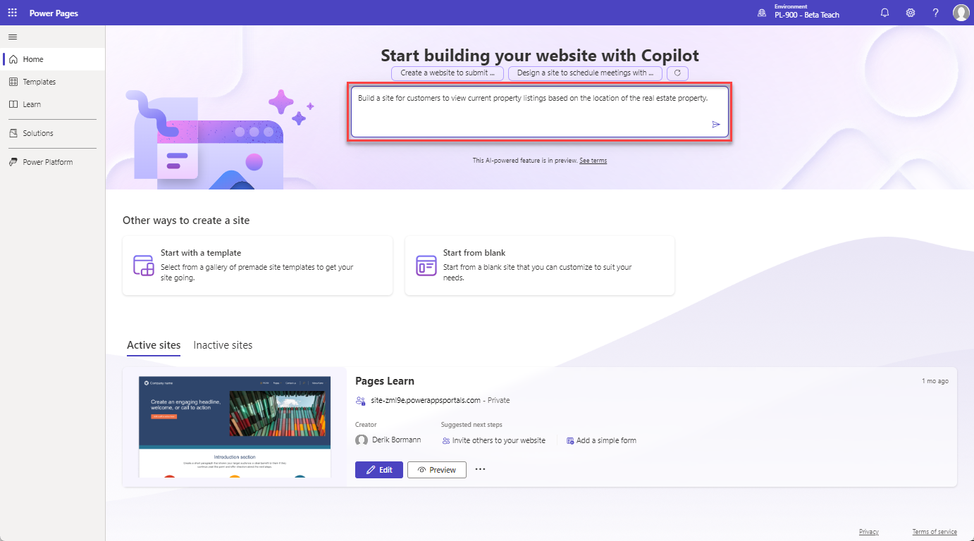 Screenshot that shows how to have Copilot create a Power Pages site for you by providing a description of the site you want to create.
