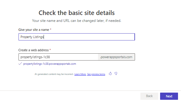 Screenshot showing the generated site name and URL provided by Copilot during the design process.