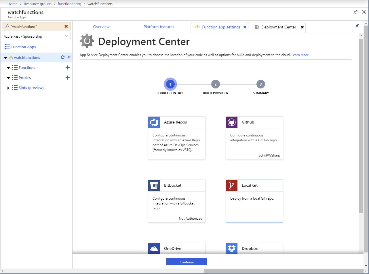 Screenshot of the Deployment Center page in an Azure Functions app.