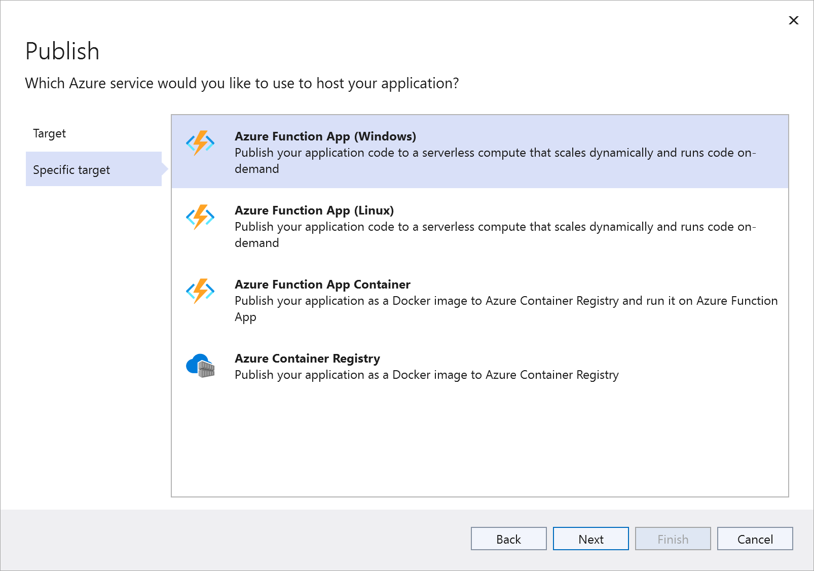 Screenshot of the Publish specific target window with the Azure Function App (Windows) option highlighted.