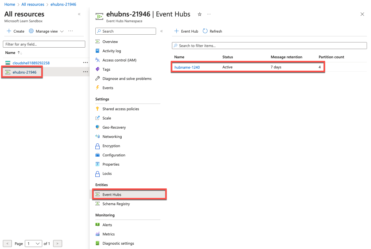 Event Hub displayed in the Azure portal.