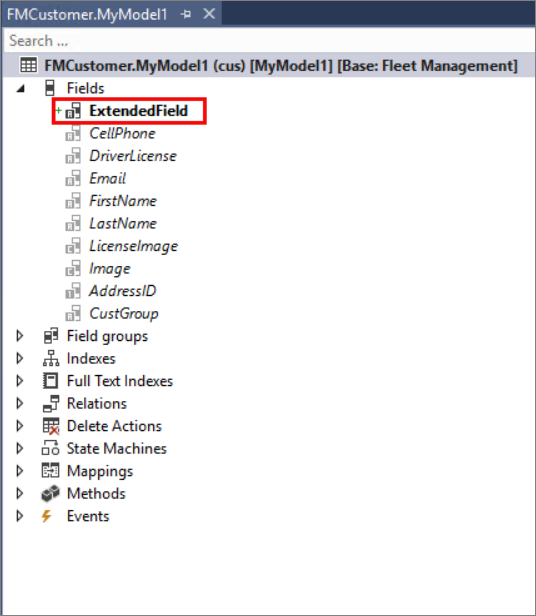 This is a screenshot from Visual Studio showing the AccountNum field
has been added to an extension of the FMCustomer
table.