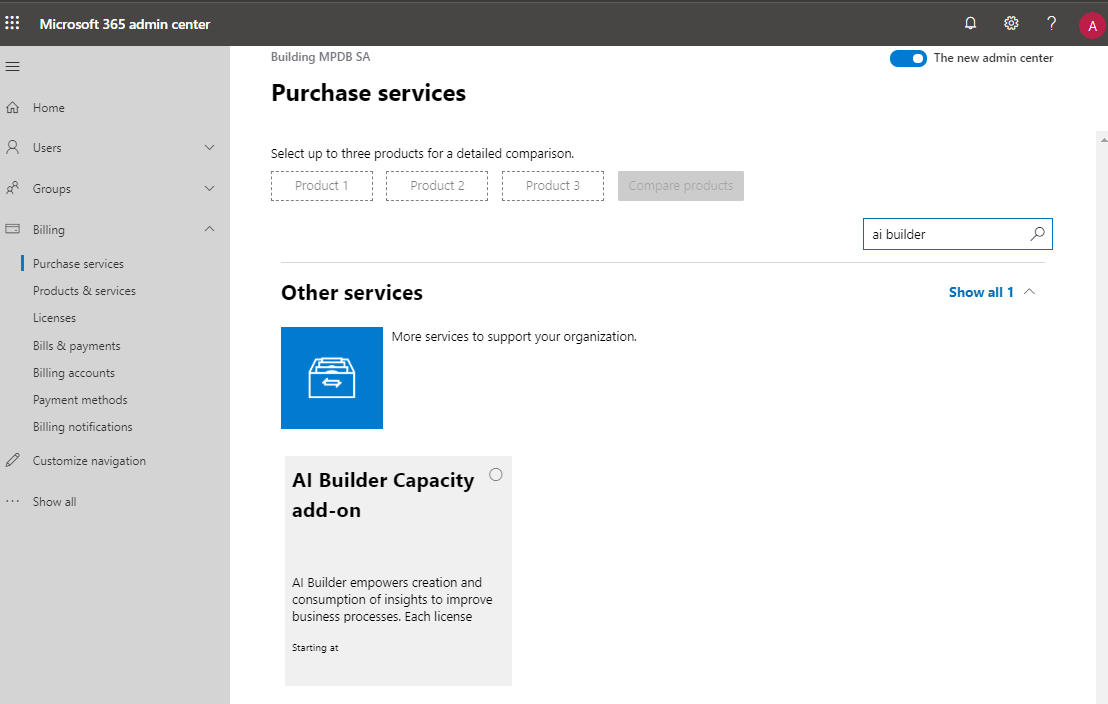 Screenshot of Microsoft 365 admin center open to the Billing tab Purchase services page. The A I Builder Capacity add-on appear below Other services.