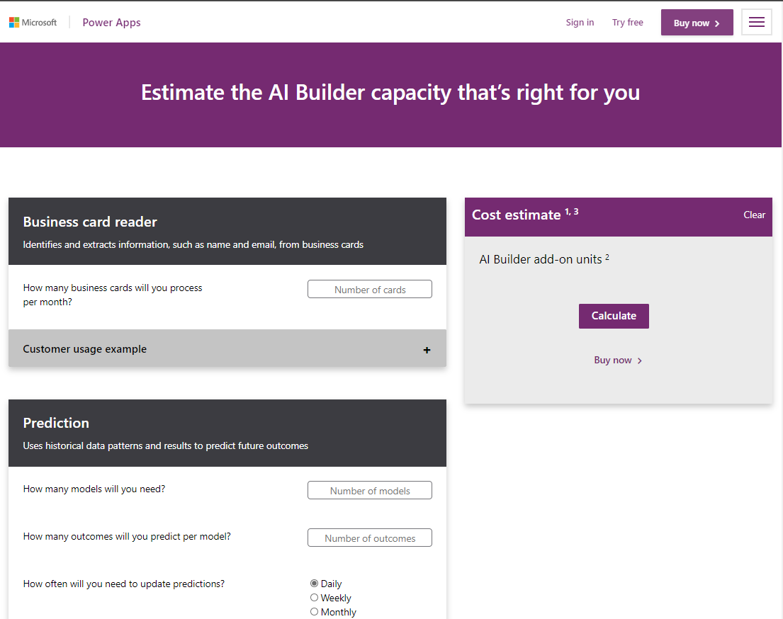 Screenshot of thePower Apps AI Builder Calculator page has a Cost estimate tile that allows you to calculate the cost of A I Builder add-on units.